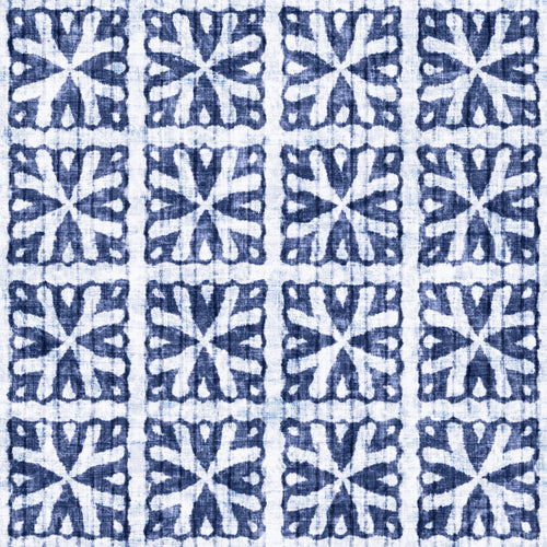 Bleached Indigo Floral Tile Check Pattern